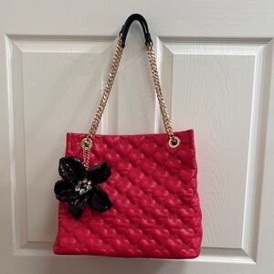 Betsey Johnson Pink Quilted Heart Tote Bag with Black Floral removable Accent.
